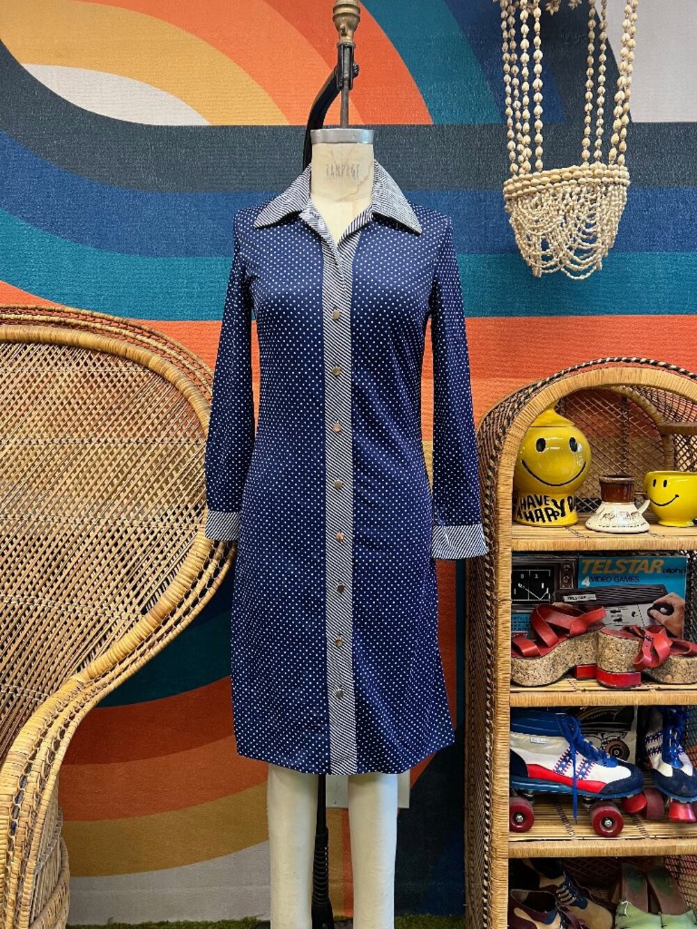 EUC Vintage 70s David Crystal Contrast Polka Dot Navy Long Slv Shirt Dress Small